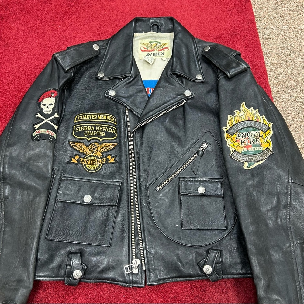 Avirex Black Leather Jacket with Patches